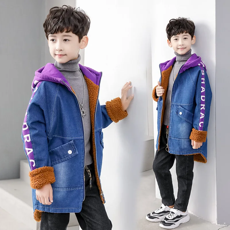 

Boys 6-16 Y Winter Autumn Jeans Long Sleeve Hooded Mid-long Fleece Warm Coat Fashion Cowboys Letters Pattern Windbreak Jacket
