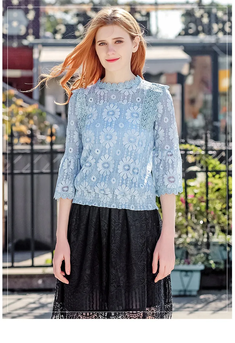 2018 г. модная женская блузка кружевной топ цветок полый дна О образным вырезом