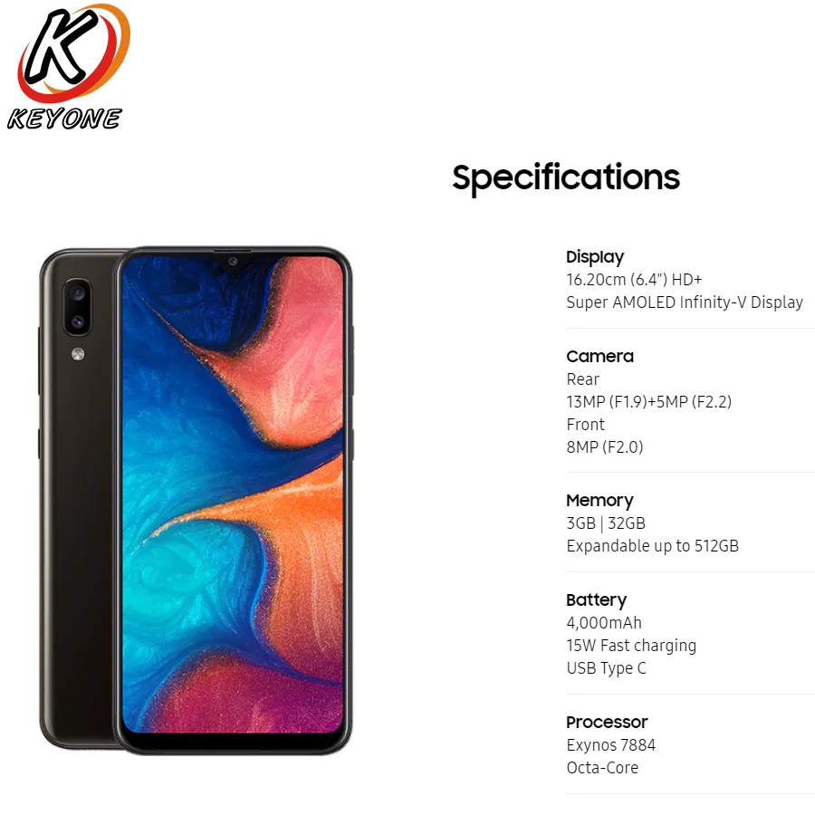 Новый Samsung Galaxy A20 A205GN DS мобильный телефон 6 4 дюйма 3 ГБ ОЗУ 32 Гб ПЗУ Exynos 7884