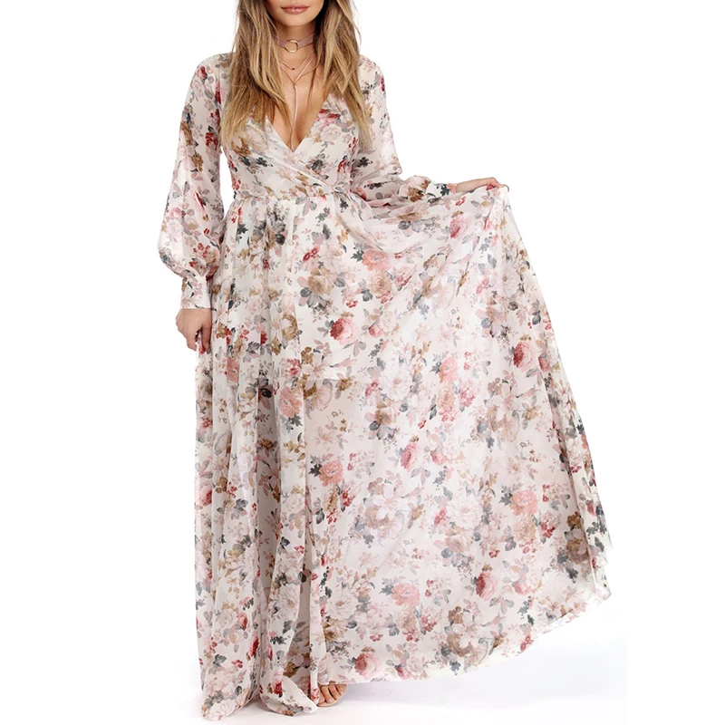 Женское пляжное макси платье Boho длинное шифоновое с цветочным принтом