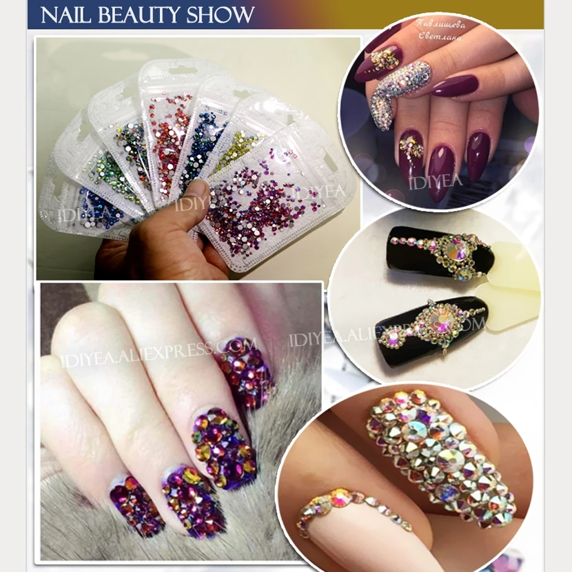 Стразы для дизайна ногтей AB цветные стразы разных размеров SS3 SS4 SS5 SS6 SS10 SS12 SS16