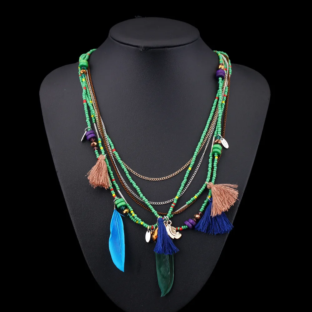 Бусы Воротник Boho Колье Ювелирные Изделия Перо Кисточкой Старинные Ожерелье