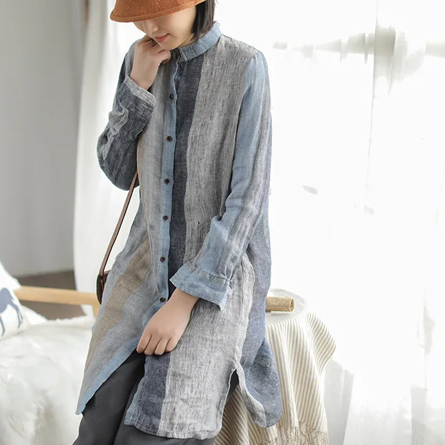 Винтажные хлопковые льняные полосатые топы 2019 Весенние Новые Большие размеры