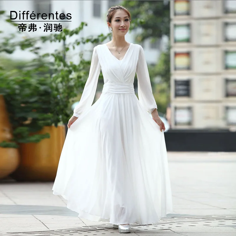 Long-sleeved chiffon dress elegant temperament Slim female models in Europe and America long fairy mopping Emperor | Женская одежда