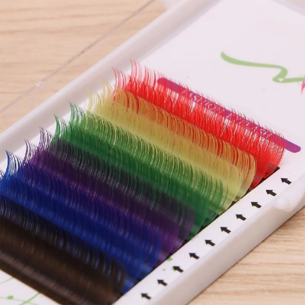 12 рядов/лоток 6 цветов радуги 0.1 мм Красочные наращивания ресниц 100% ручной работы