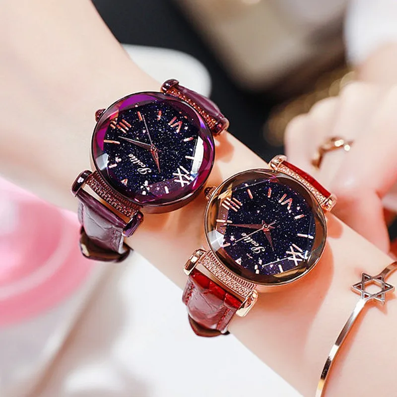 New Style Starry Dial Women Watches Lady Rhinestone Casual Quartz Watch Female Luxury Leather Strap WristWatch Clock reloj mujer enlarge