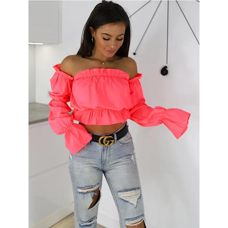 Женский топ с открытыми плечами сексуальный вырезом лодочкой и модный оборками