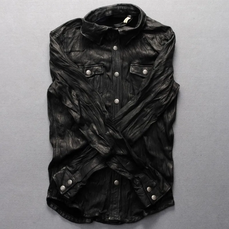 2017 Мужская тонкая рубашка из натуральной кожи мягкие рубашки овечьей черная