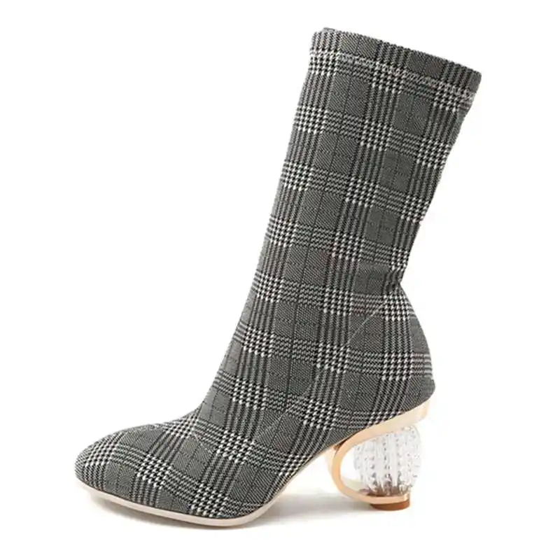 REAVE CAT Winter Shoes women Pointed toe Mis calf Boots Pu Slip on Botas feminino mujer High heel Boots Print big size A1363