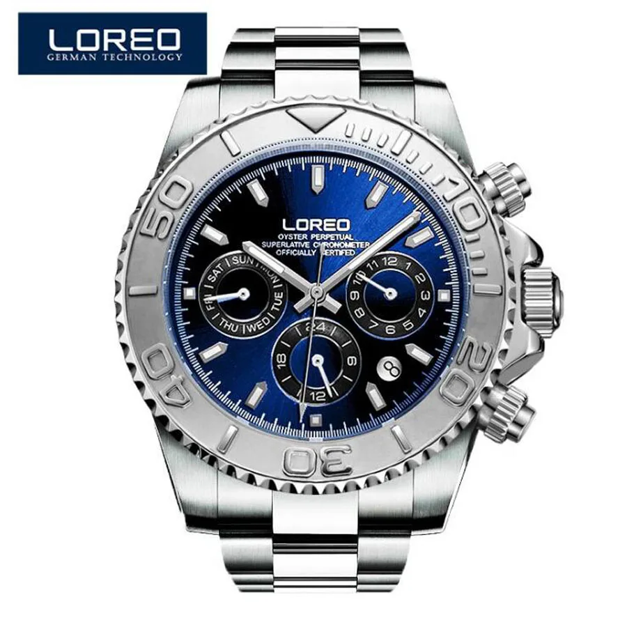 

LOREO Mechanical Watch Men Multifunctional Diving 200M Steel Shell Blue Disk Man Business Automatic Self-Wind Clock Male Watches