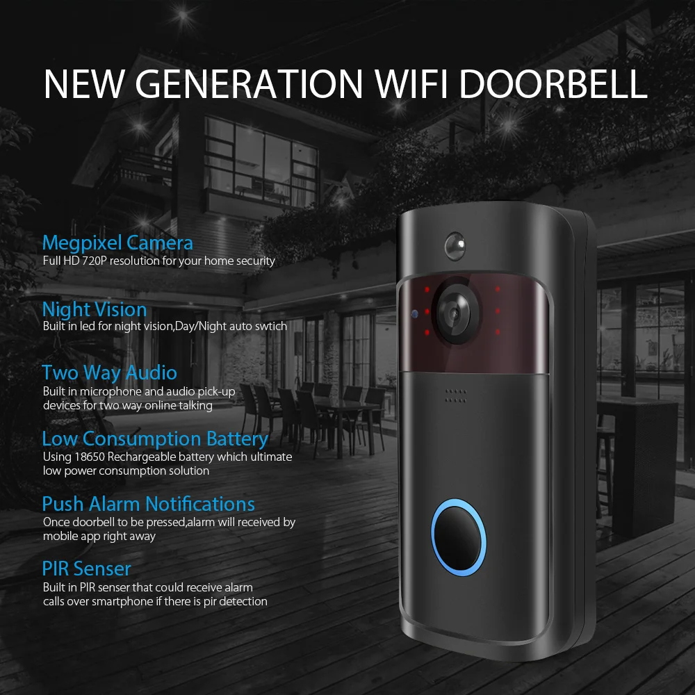 Wifi видео дверной звонок 1.0MP 720P камера безопасности наружная ИК сигнализация
