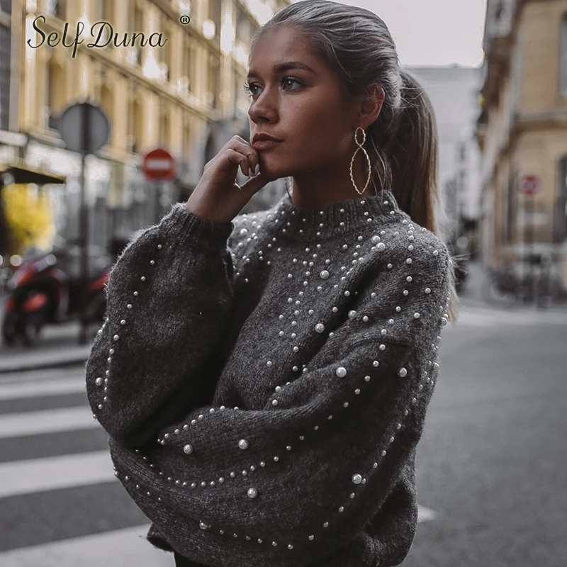 Self Duna 2019 Autumn Winter Pearl Sweater Pullover Loose Vintage Jumper Warm Grey Short Women Knitted Pull Femme | Женская одежда