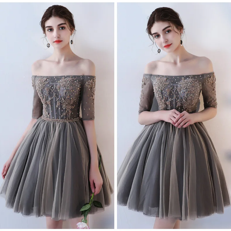 Женское винтажное вечернее платье серое короткое с вырезом лодочкой коротким