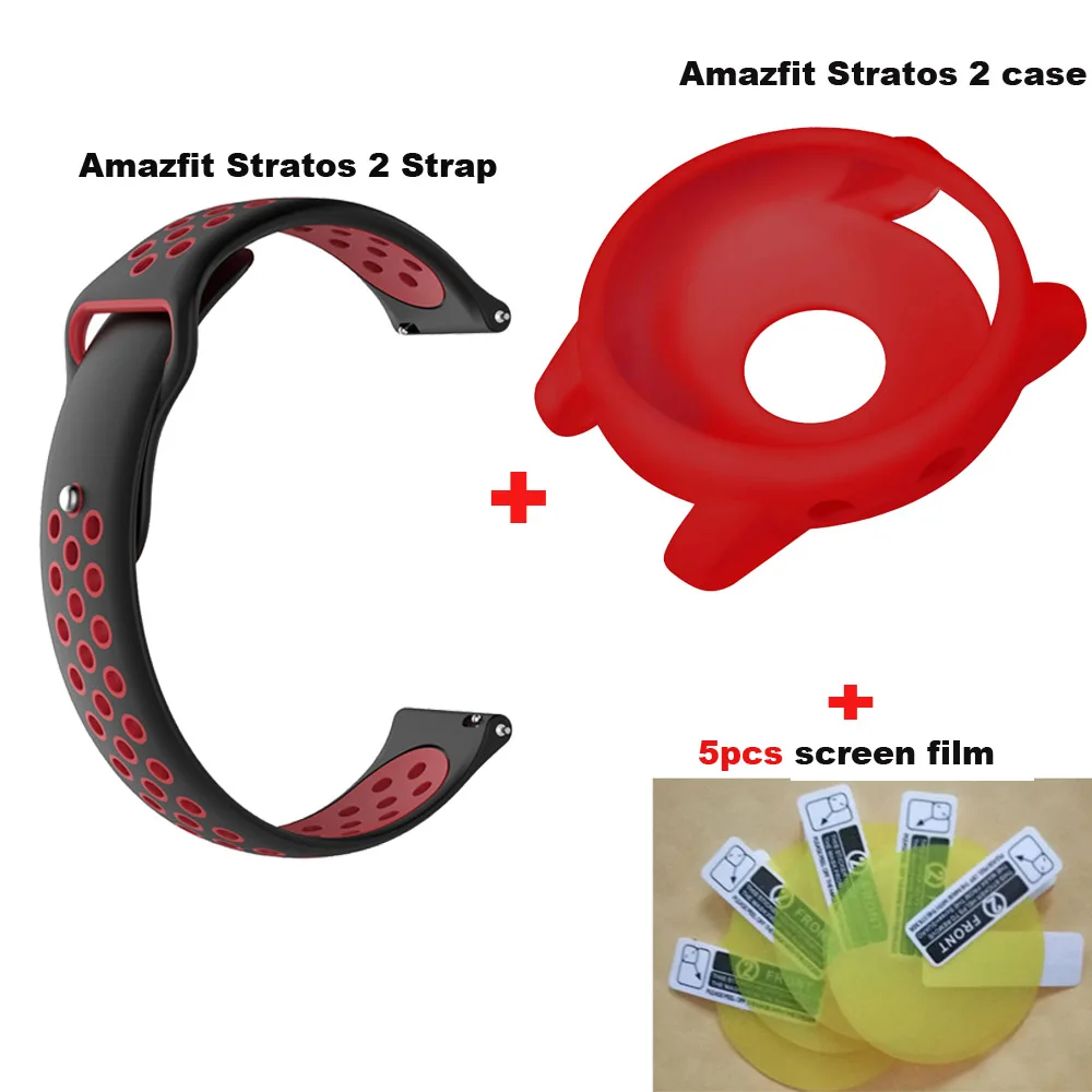 Black red-red 7/лот Amazfit Stratos 2 ремешок 22 мм силиконовый браслет для Xiaomi Huami Amazfit Stratos 2 Watch Band защитные чехлы пленка для экрана - Цвет: Black red-red
