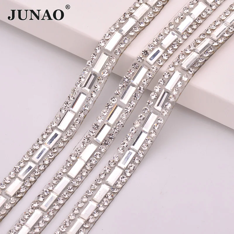 

JUNAO 5 Yard*8mm Clear Hotfix Glass Rhinestones Trim Chain Crystal Ribbon Fabric Bridal Applique Strass Diamond Banding Crafts