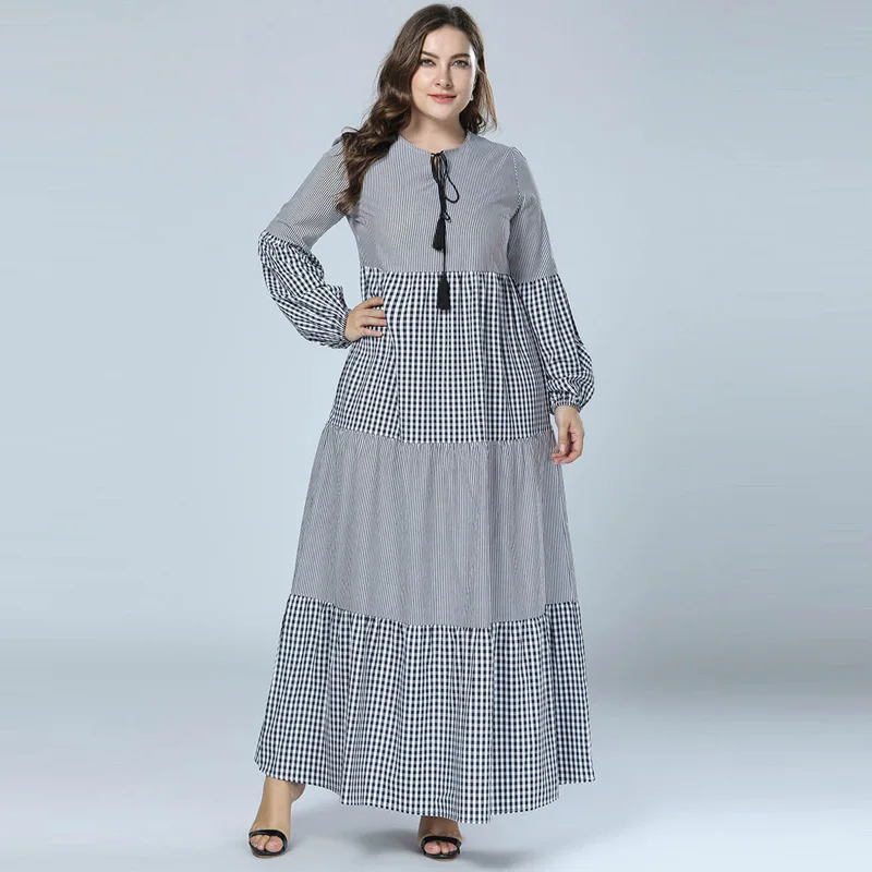 Женское платье макси в клетку с длинным рукавом-фонариком повседневное