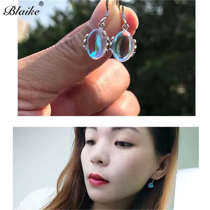 Blaike Элегантный овальный Лунный Камень Висячие серьги для женщин 925 серебро