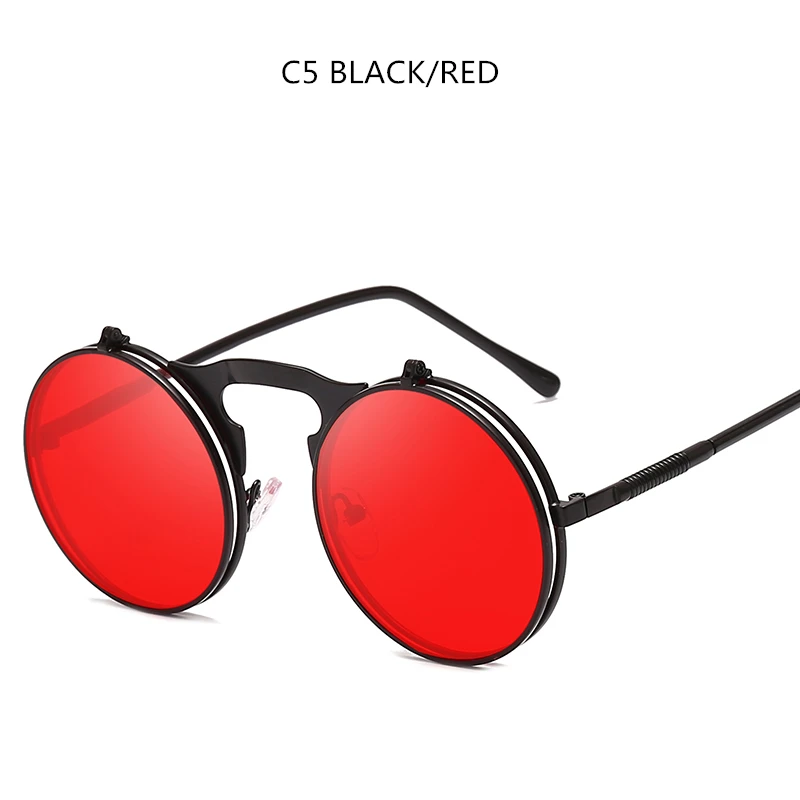 Steampunk Sunglasses Round Metal Sunglass Women Style Retro Flip Circular Double Metal Sun Glasses Men - Цвет линз: Black Red