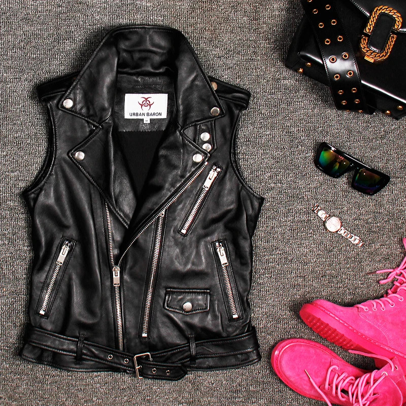 

Free Shipping Sleeveless Women Genuine Leather Jackets Motorcycle Vest Leather Coats On Sale