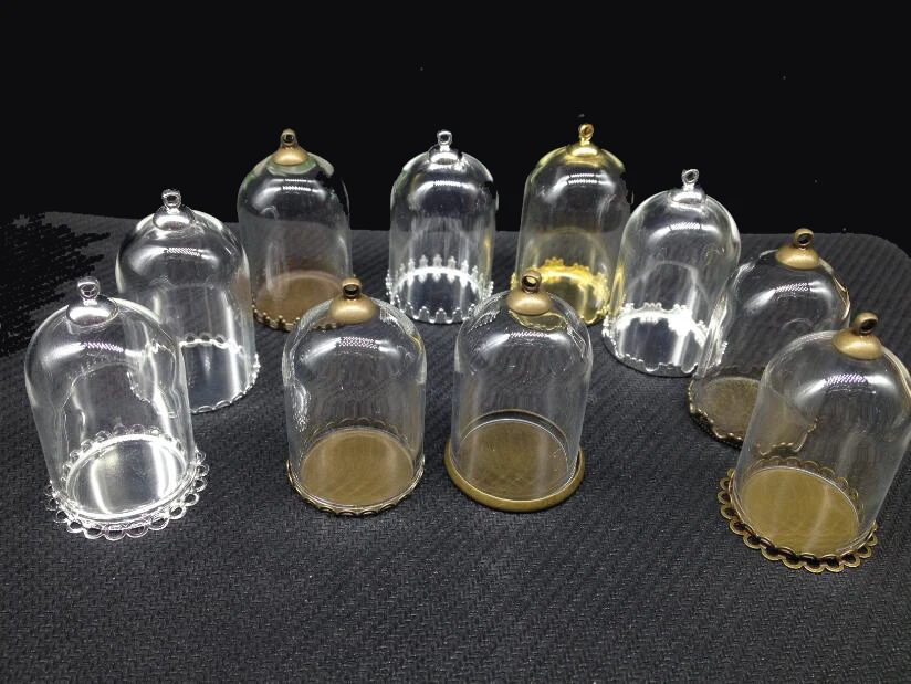 

100sets 38*25mm tube shape clear glass globes bottle jar & metal tray & top connector for jewelry necklace accessories finding