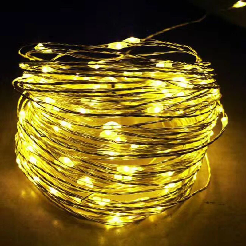 Гирлянда светодиодная медная 10 м 33 фута 100 светодиодов 3AA на батарейках|copper wire string