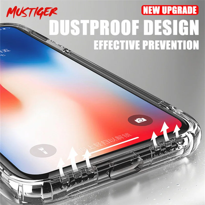 Антидетонационные силиконовые прозрачные чехлы MUSTIGER для iPhone X 6 7 8 Plus чехол XS Max XR 5S