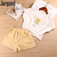 jargazol girls outfits summer loose shirtplaid shorts sunflower printed cute baby girl clothes kids costume korean clothing set