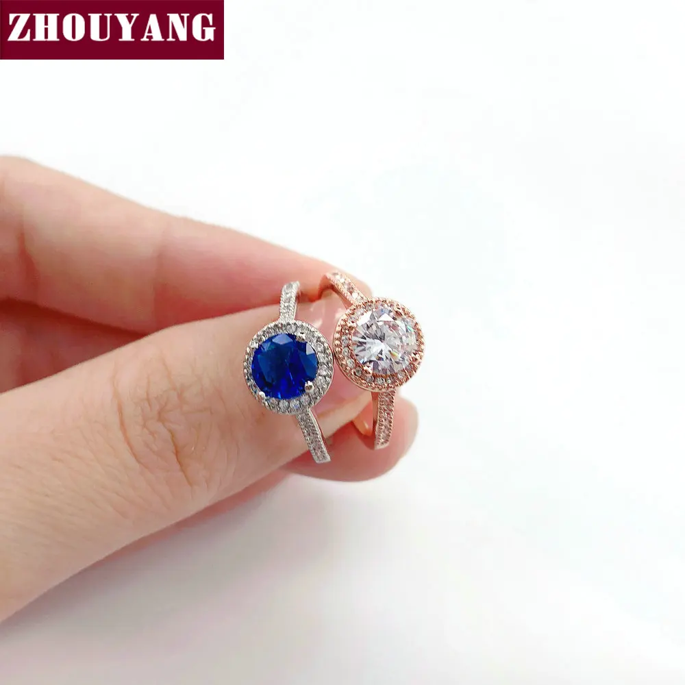 ZHOUYANG, обручальное кольцо для женщин, простой стиль, голубой Фианит, розовые, золотые, серебряные, вечерние, модные ювелирные изделия R781 R782