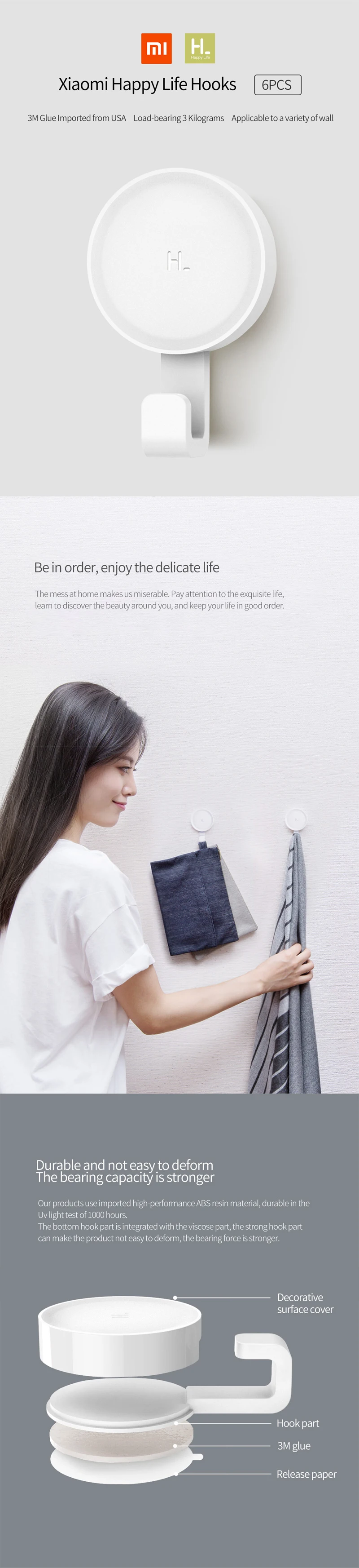 Xiaomi Mijia маленькие клейкие крючки крепкие для ванной спальни кухонные настенные крючки 3 кг Максимальная нагрузка Новое поступление для xiaomi life