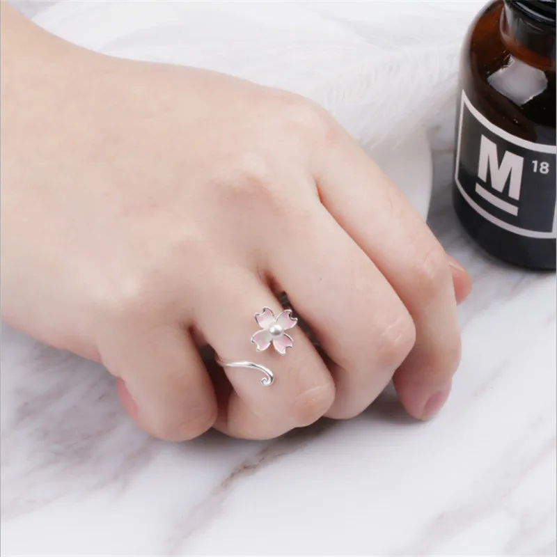 

Pink Flower pearl Daisy Cherry peach Blossom Finger Ring for Women Engagement Wedding Fashion cute Jewelry