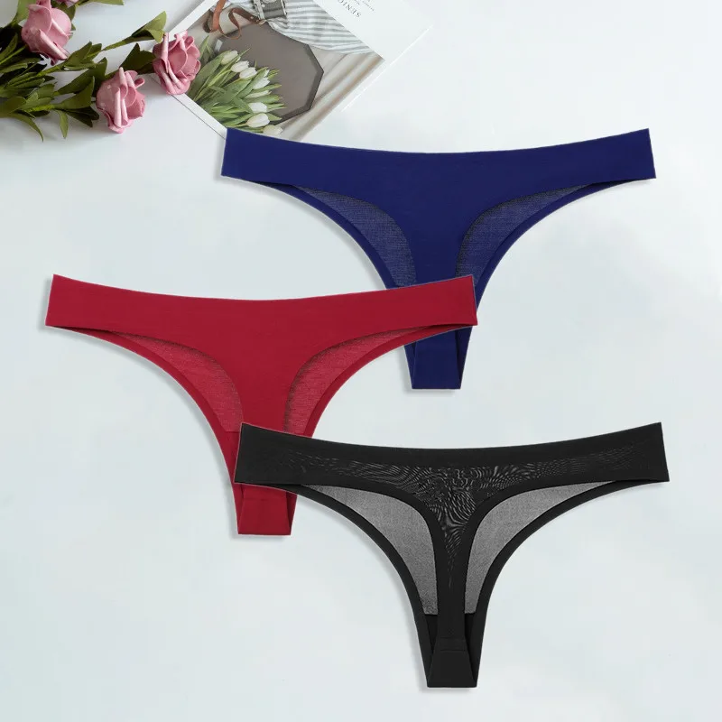 Black-Red-Navy blue Шелк льда стринги для женский сексуальный бесшовный стринги трусики хлопок женское нижнее белье девушки бикини женские трусы нижнее белье 3 шт./компл - Цвет: Black-Red-Navy blue