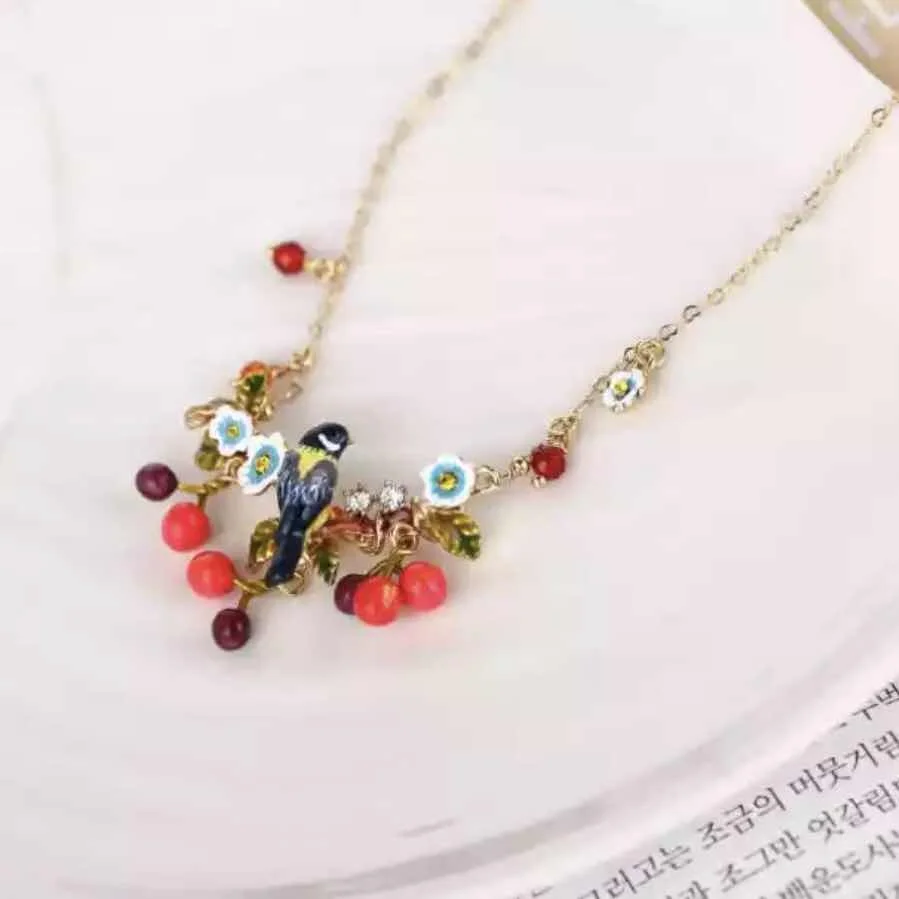 necklace 2 Amybaby дизайнерские фруктовые райские игольские птицы маленькая вишня женские серьги-обручи с кисточками Ожерелье Кольцо Браслет - Окраска металла: necklace 2