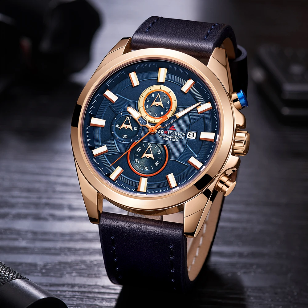 Хронограф Спортивные часы Мужские кварцевые наручные модные кожаные армейские