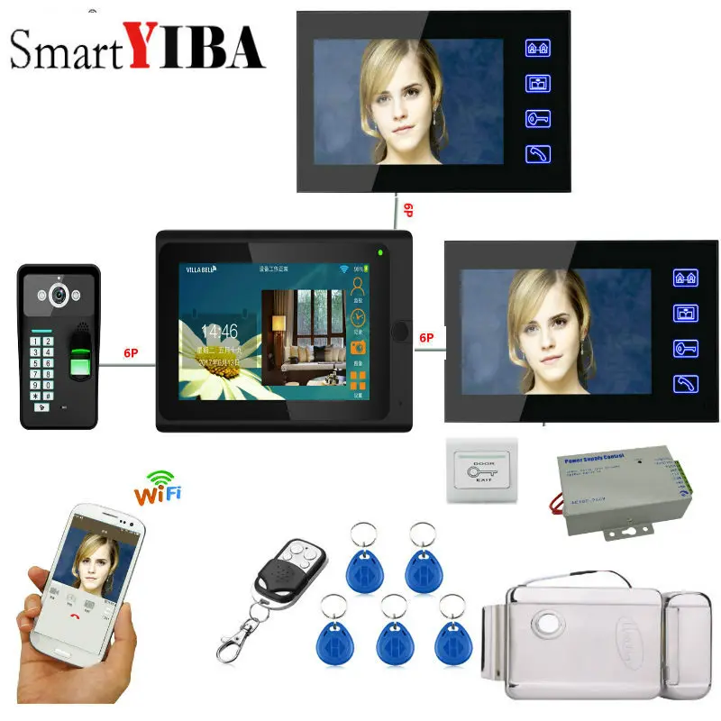 SmartYIBA 7 &quot3 Монитора проводной/беспроводной Wifi RFID пароль отпечатков пальцев видео
