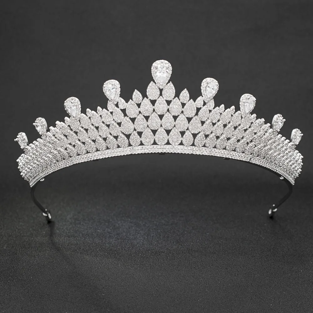 Classic Full 5A CZ Cubic Zirconia Royal Wedding Bridal Silver Tiara Crown Women Girl Party Hair Jewelry Accessories CH10058