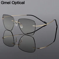 gmei optical golden titanium alloy mens rimless glasses frame with gradient grey tint plano lenses and black border q90010