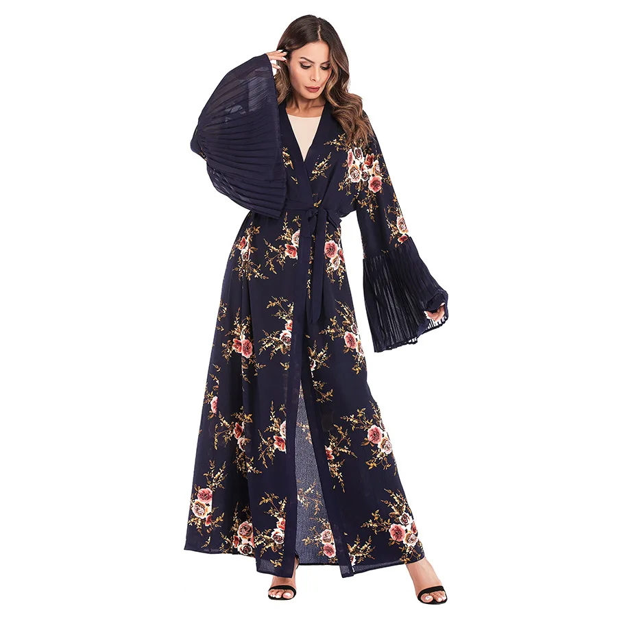 2019 женское мусульманское платье с цветочным принтом Абая расклешенными рукавами