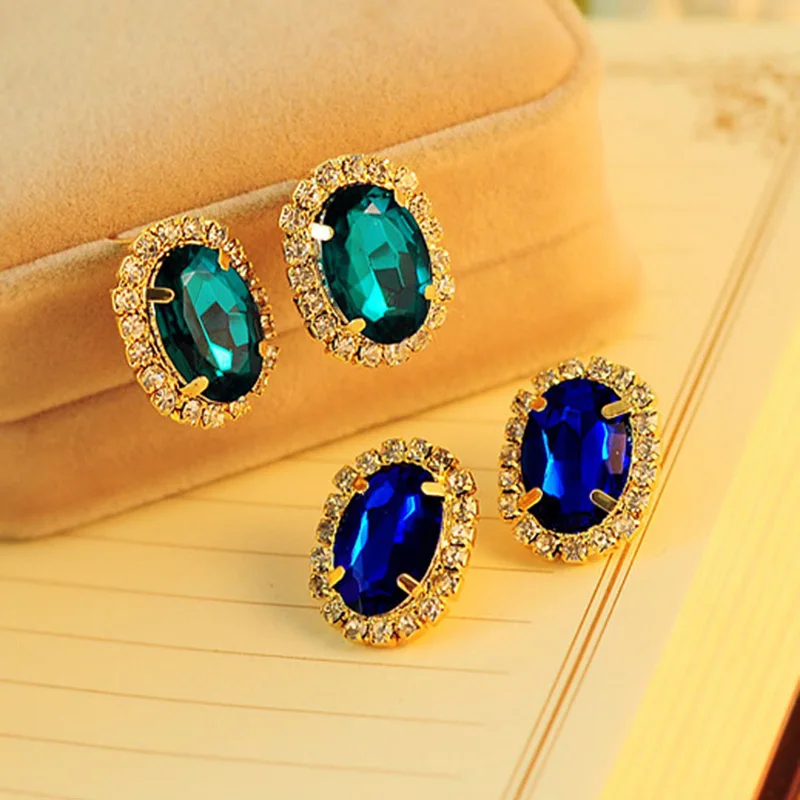 

Crystal Flower Earrings For Women Gold Color Blue Green Rhinestone Stone Stud Earring Zircon Jewelry Accessories Pendientes
