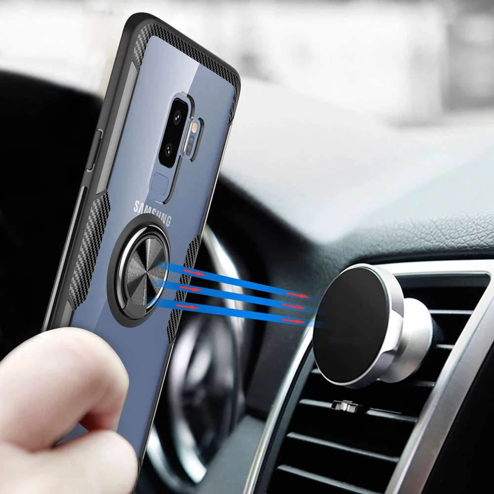 Eqvvol Transparent Phone Case For Samsung Galaxy S9 S10 Plus Note 9 S10e Car Magnetic Stand Cases Finger Ring Holder Cover | Мобильные
