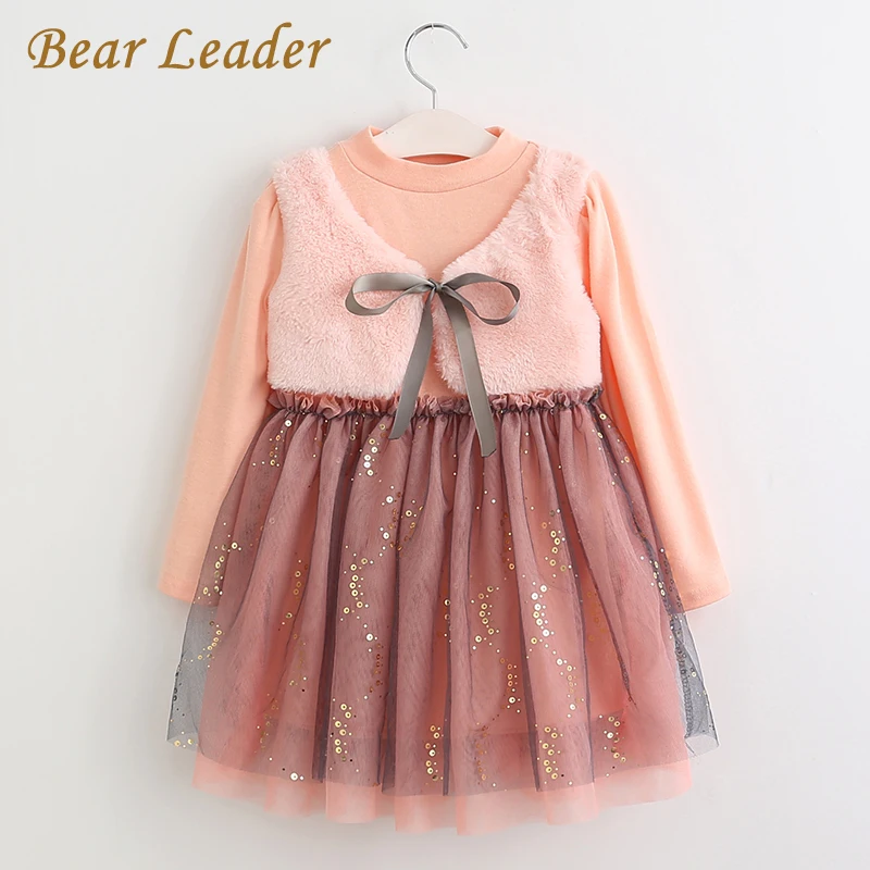 Bear leader/платье для девочек; Новинка г.; весенние платья; одежда для детей; платье принцессы; розовое шерстяное платье с длинными рукавами и бантом; Дизайнерская одежда для девочек