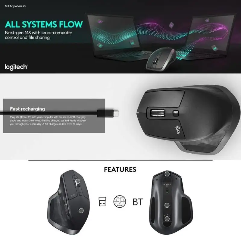 Logitech MX Master USB беспроводная 2S 2,4Hz 1000 dpi эргономичная компьютерная мышь 7 клавиш мульти-устройства мыши для домашнего офиса ПК/компьютера