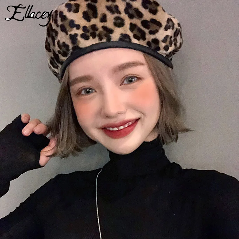 Ellacey/осенне зимние женские береты с леопардовым принтом в стиле ретро Шерстяная
