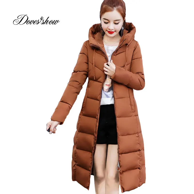 Пуховик с капюшоном зимний тонкий длинный теплый хлопковой подкладкой | Женская