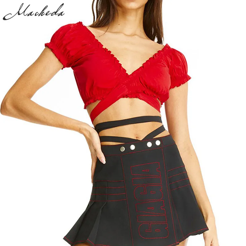 Macheda Женский укороченный топ с перекрещенным бантиком завязкой коротким рукавом