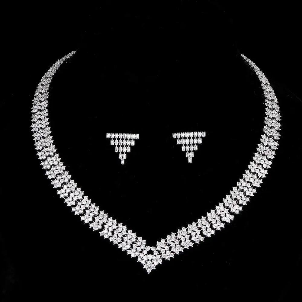Комплект ювелирных украшений N0342, прозрачные серьги и ожерелье с блестящими цирконами, свадебные украшения