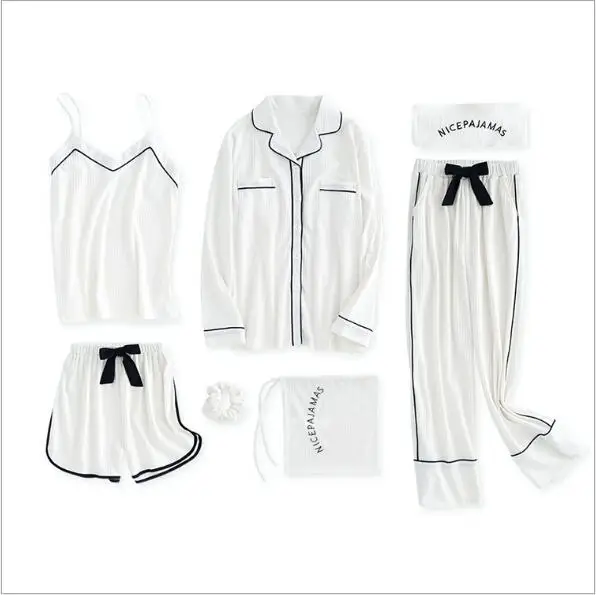 

Fdfklak High Quality Pyjamas Women 7 Pcs Pijama Sexy Night Suit Sleepwear 100% Cotton Pajama Set 2020 Spring Summer Q1046