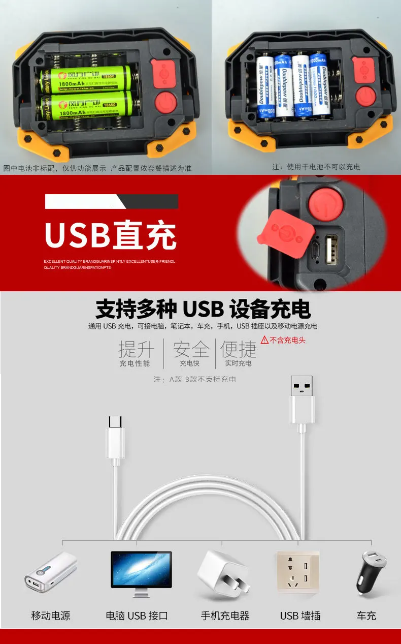COB использует 2x18650 и 4xAA прожектор светильник usb зарядка портативный поисковый светильник аварийный светильник Светодиодный прожектор светильник для наружного строительства