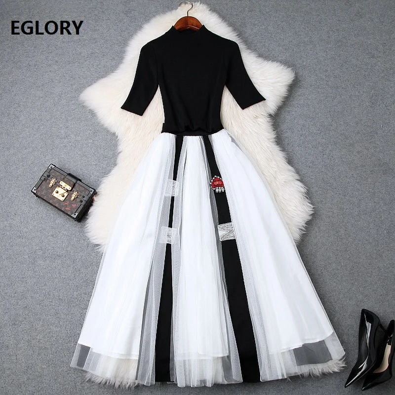 Women's Set Suit 2019 Summer Autumn Fashion Skirt Suit Ladies High Quality Knitted Black Pullovers+Beading Long Maxi Skirt Set