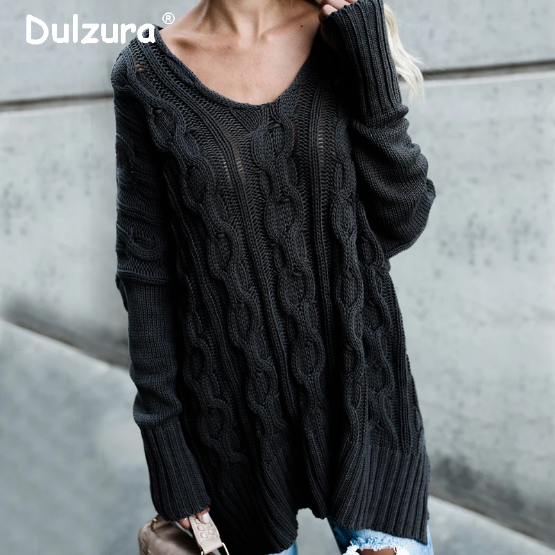 Elegant Sides Split Long Sweaters Women 2018 Autumn Winter Sexy V Neck Pullovers Casual Fashion Loose Oversized Knitted Jumpers | Женская