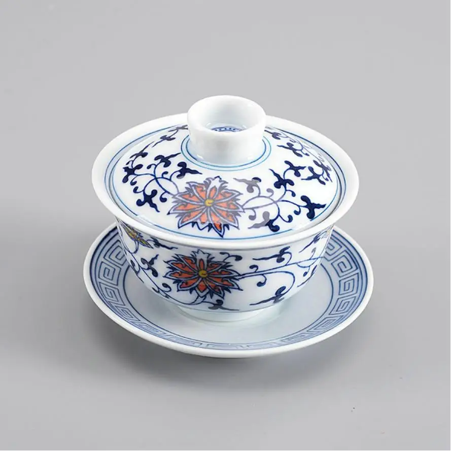 &quotKing Tea Mall&quot синий и белый фарфор Twining Lotus Gaiwan для китайского чая Gongfu Chadao чайные